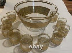 Vintage Culver Mid Century 22k Gold Punch Bowl with11 Glasses