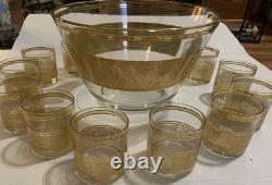 Vintage Culver Mid Century 22k Gold Punch Bowl with11 Glasses