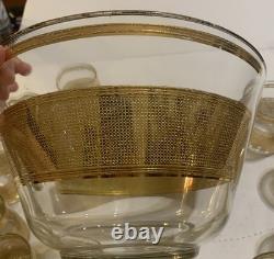 Vintage Culver Mid Century 22k Gold Punch Bowl with11 Glasses