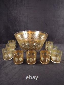 Vintage Culver Punch Bowl And 9 Glasses Green Diamond & Gold MCM Valencia