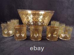 Vintage Culver Punch Bowl And 9 Glasses Green Diamond & Gold MCM Valencia