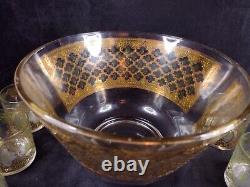 Vintage Culver Punch Bowl And 9 Glasses Green Diamond & Gold MCM Valencia