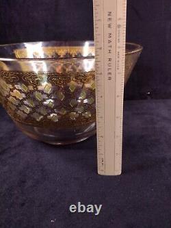 Vintage Culver Punch Bowl And 9 Glasses Green Diamond & Gold MCM Valencia