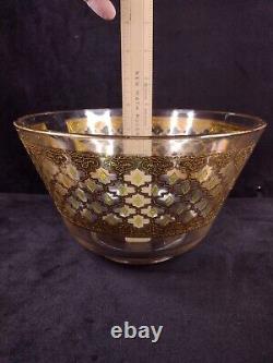 Vintage Culver Punch Bowl And 9 Glasses Green Diamond & Gold MCM Valencia
