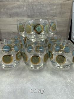 Vintage Culver Rolly Polly Punch Bowl Glasses Turquoise & Gold Retro Set Of 12