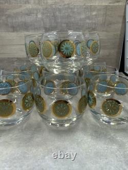 Vintage Culver Rolly Polly Punch Bowl Glasses Turquoise & Gold Retro Set Of 12