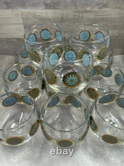 Vintage Culver Rolly Polly Punch Bowl Glasses Turquoise & Gold Retro Set Of 12