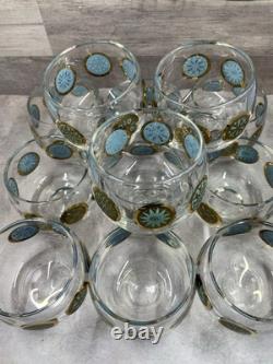 Vintage Culver Rolly Polly Punch Bowl Glasses Turquoise & Gold Retro Set Of 12