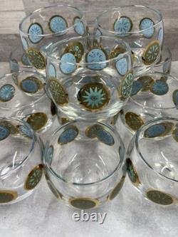 Vintage Culver Rolly Polly Punch Bowl Glasses Turquoise & Gold Retro Set Of 12