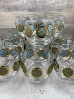 Vintage Culver Rolly Polly Punch Bowl Glasses Turquoise & Gold Retro Set Of 12