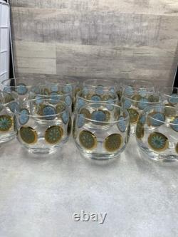 Vintage Culver Rolly Polly Punch Bowl Glasses Turquoise & Gold Retro Set Of 12