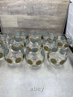 Vintage Culver Rolly Polly Punch Bowl Glasses Turquoise & Gold Retro Set Of 12