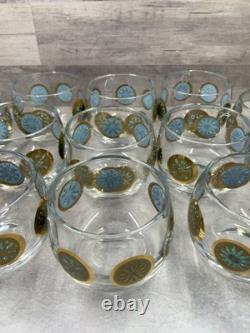 Vintage Culver Rolly Polly Punch Bowl Glasses Turquoise & Gold Retro Set Of 12