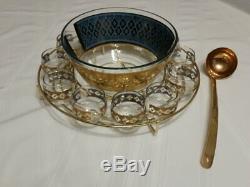 Vintage Culver Seville Blue Gold Punch Bowl 12 Roly Poly Glasses, Caddy, Laddle