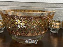Vintage Culver VALENCIA Punch Set Bowl + 12 Footed Cups Glasses 1962 Gold