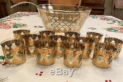 Vintage Culver Valencia Punch Bowl Set Mid Century Mod 22 K Gold 12 Glasses