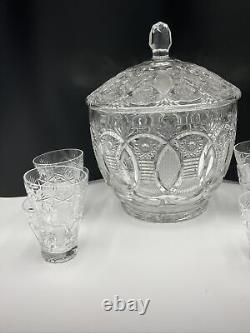 Vintage Cut Crystal Punch Bowl With Lid And 8 Glasses