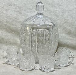 Vintage Cut Glass Crystal Bohemian Queen Lace Punch Bow with Lid 6 Cups Czech