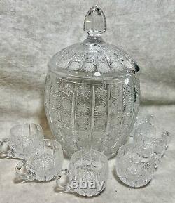 Vintage Cut Glass Crystal Bohemian Queen Lace Punch Bow with Lid 6 Cups Czech