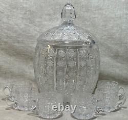 Vintage Cut Glass Crystal Bohemian Queen Lace Punch Bow with Lid 6 Cups Czech