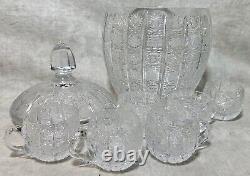 Vintage Cut Glass Crystal Bohemian Queen Lace Punch Bow with Lid 6 Cups Czech