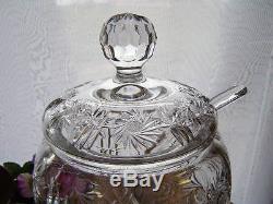 Vintage Cut Glass Crystal Covered Punch Bowl With Crystal Ladle