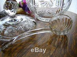 Vintage Cut Glass Crystal Covered Punch Bowl With Crystal Ladle
