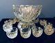 Vintage Cut Glass Crystal Punch Bowl, Pedestal, Hanging Clips And 12 Cups