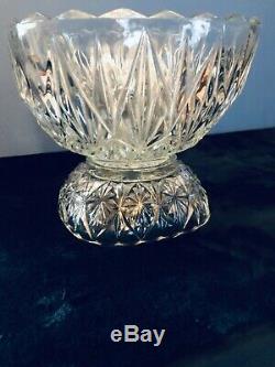 Vintage Cut Glass Crystal Punch Bowl, Pedestal, Hanging Clips And 12 Cups