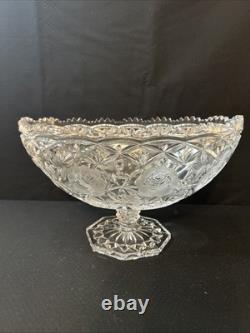 Vintage Cut Glass Pedestal Punch Bowl Floral & Starburst Pattern Vintage