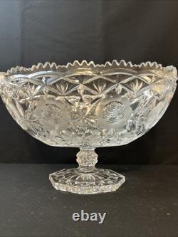 Vintage Cut Glass Pedestal Punch Bowl Floral & Starburst Pattern Vintage