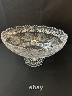 Vintage Cut Glass Pedestal Punch Bowl Floral & Starburst Pattern Vintage