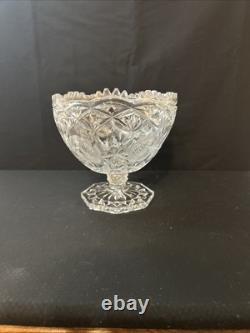 Vintage Cut Glass Pedestal Punch Bowl Floral & Starburst Pattern Vintage