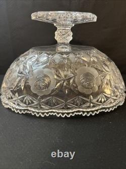 Vintage Cut Glass Pedestal Punch Bowl Floral & Starburst Pattern Vintage