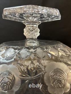 Vintage Cut Glass Pedestal Punch Bowl Floral & Starburst Pattern Vintage