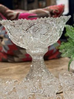 Vintage Cut Glass Pedestal Punch Bowl Set with Cups & Ladle Heavy Elegant
