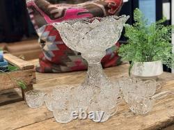 Vintage Cut Glass Pedestal Punch Bowl Set with Cups & Ladle Heavy Elegant