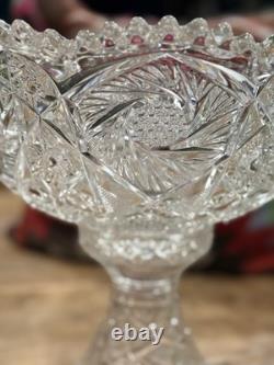 Vintage Cut Glass Pedestal Punch Bowl Set with Cups & Ladle Heavy Elegant