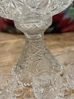 Vintage Cut Glass Pedestal Punch Bowl Set with Cups & Ladle Heavy Elegant