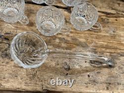 Vintage Cut Glass Pedestal Punch Bowl Set with Cups & Ladle Heavy Elegant