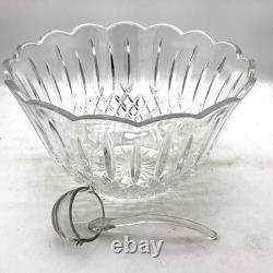 Vintage Cut Glass Punch Bowl w Clear Ladle Diamond Pattern Crystal Style Set