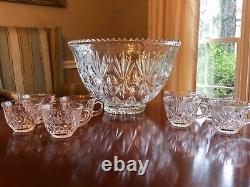 Vintage Cut Glass Punch Bowl with 8 Matching Cups Large, Great Condition