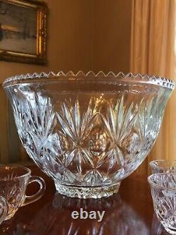 Vintage Cut Glass Punch Bowl with 8 Matching Cups Large, Great Condition