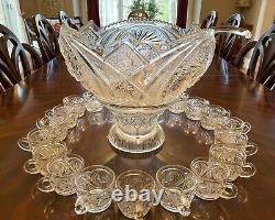 Vintage Cut Turkish Crystal Punch Bowl With Stand + 20 Handled Cups + Ladle