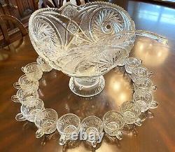 Vintage Cut Turkish Crystal Punch Bowl With Stand + 20 Handled Cups + Ladle