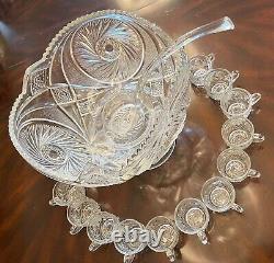 Vintage Cut Turkish Crystal Punch Bowl With Stand + 20 Handled Cups + Ladle