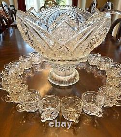 Vintage Cut Turkish Crystal Punch Bowl With Stand + 20 Handled Cups + Ladle