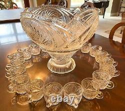 Vintage Cut Turkish Crystal Punch Bowl With Stand + 20 Handled Cups + Ladle