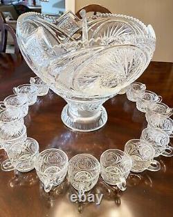 Vintage Cut Turkish Crystal Punch Bowl With Stand + 20 Handled Cups + Ladle