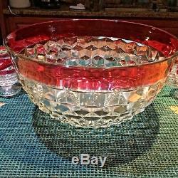 Vintage Cut glass Red rim PUNCH BOWL 13 SET 11 cups Holiday Red with Ladle